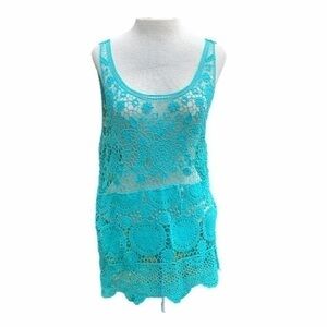 Fever women’s open weave crocheted tank top in blue turquoise medium size
